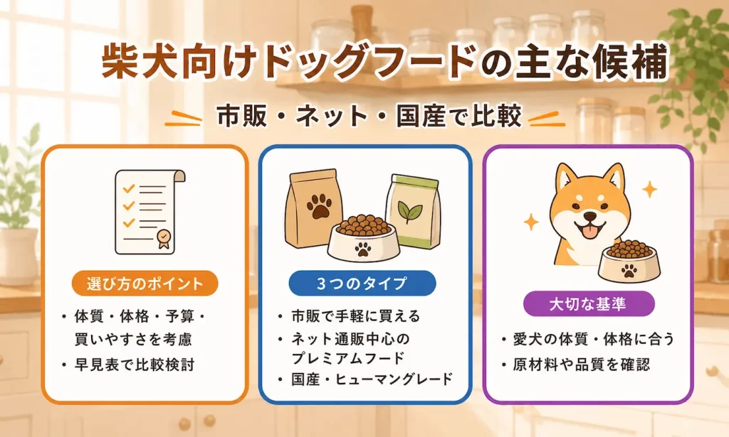 【中立比較】柴犬向けドッグフードの主な候補を市販・ネット・国産で比べる_まとめ画像