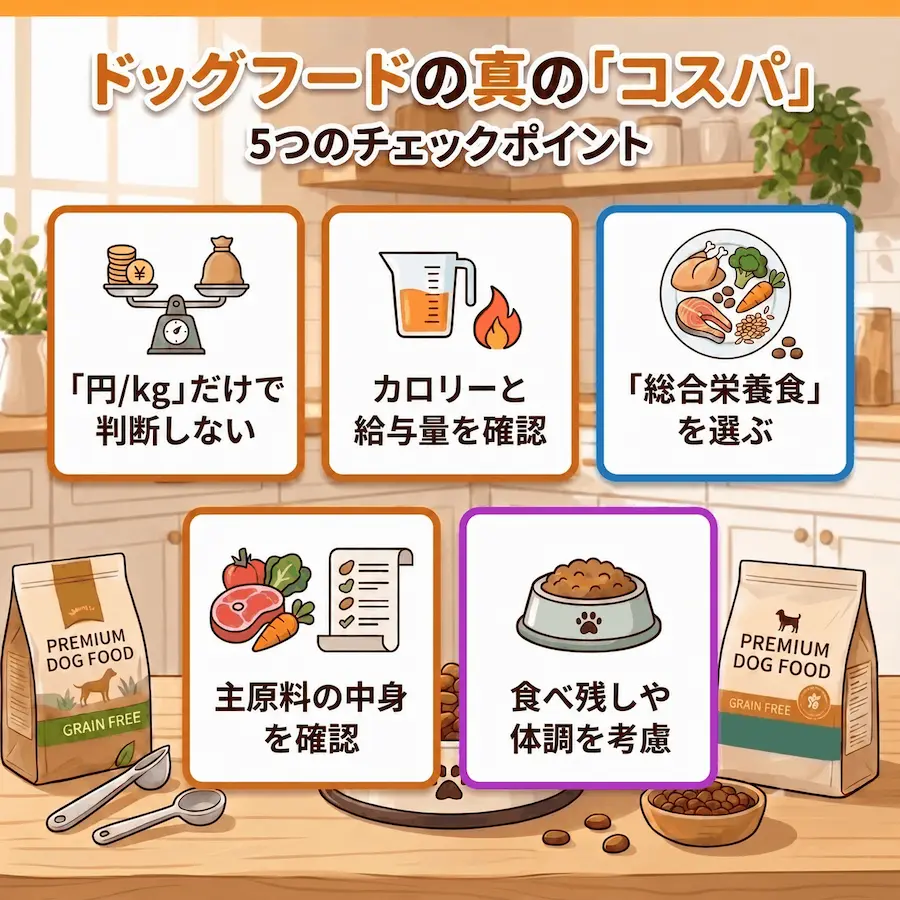ドッグフードのコスパを見る際にチェックするポイント_まとめ画像