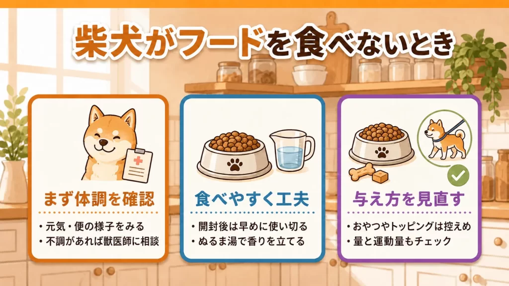 柴犬がドッグフードを食べない・選り好みするときの対処法_まとめ画像