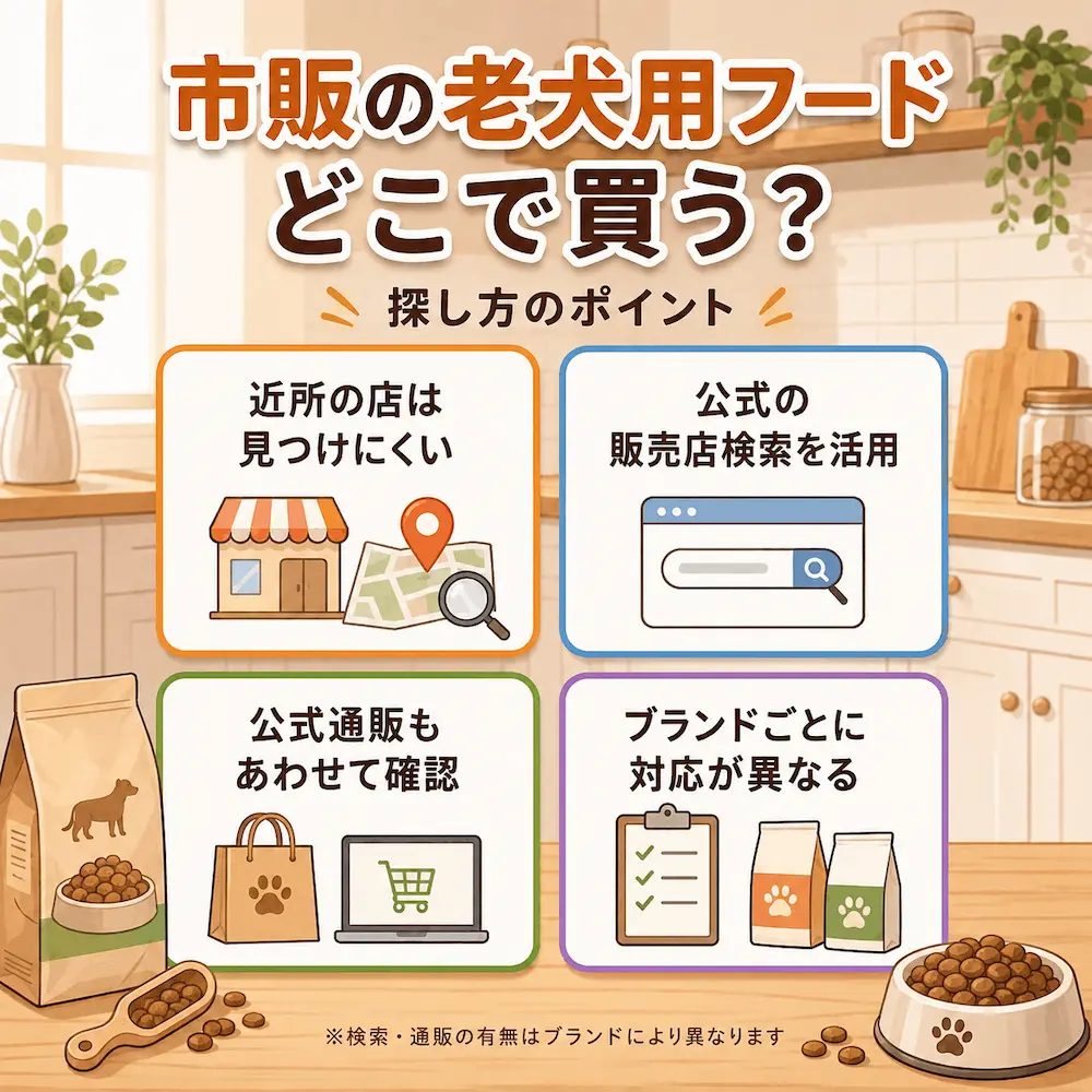 市販の老犬用ドッグフードはどこで買えるか_まとめ画像