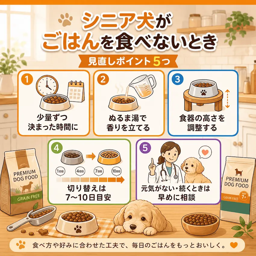 老犬がドッグフードを食べないときと、切り替えるとき_まとめ画像