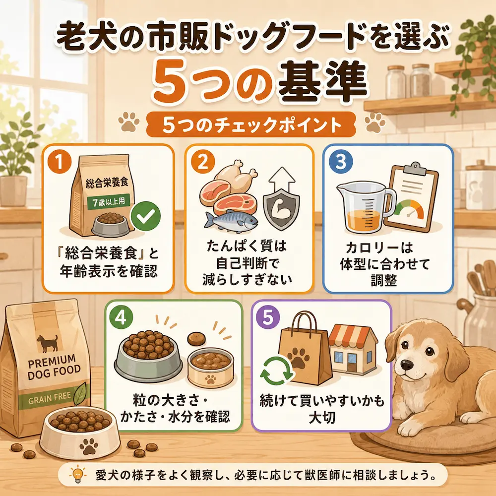 老犬の市販ドッグフードを選ぶ5つの基準_まとめ画像